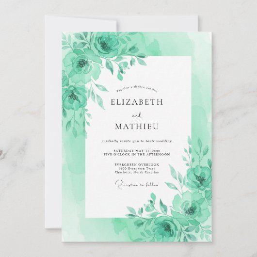 Muntgroene Serene Loof Bruiloft Kaart (Voorkant)