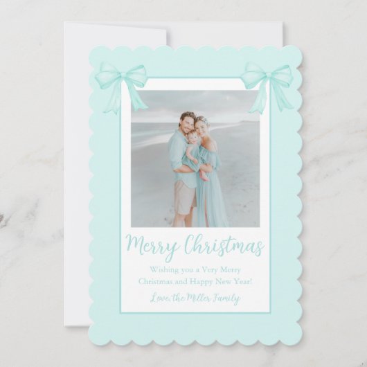 Muntgroene strikken gepersonaliseerde Kerstfoto Feestdagenkaart (Voorkant)