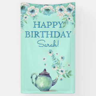Muntgroene theepot waterverf bloemen aqua turquois spandoek