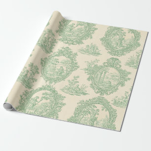 Muntgroene Toile Vintage Paren en Tuin Scene Cadeaupapier
