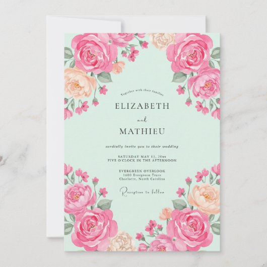 Muntgroene Verfrissende Rozen Bruiloft Kaart (Voorkant)