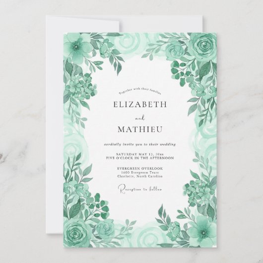 Muntgroene verse botanische bruiloft kaart (Voorkant)