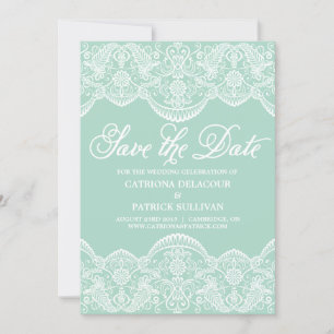 Muntgroene vintage brokaat kant bruiloft save the date