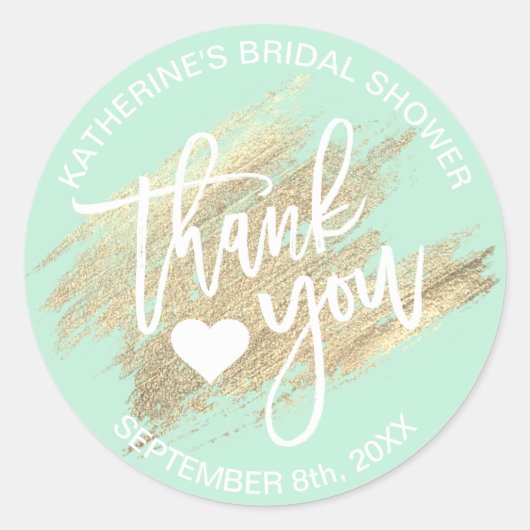 Muntgroene witgouden penseelstreek bruidsshowers ronde sticker (Voorkant)