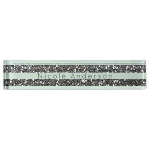 Muntige Mintgroene & Zilveren Glitter Strepen Glan Naambordje