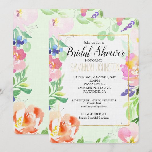 Muntwaterverf Bloemige Bruiloft Feest Kaart (Voorkant / Achterkant)