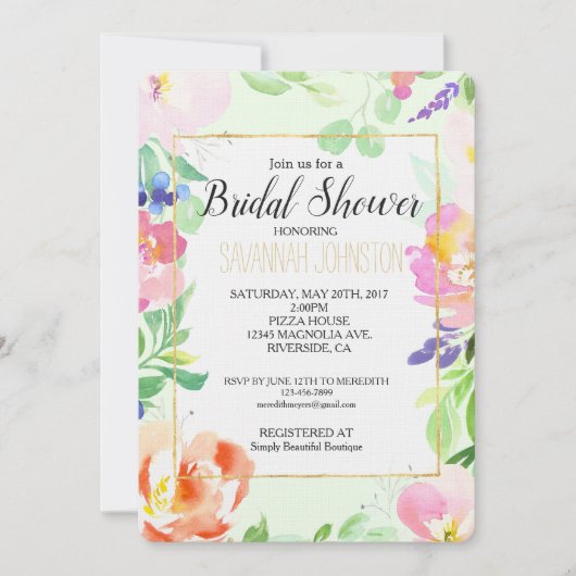 Muntwaterverf Bloemige Bruiloft Feest Kaart (Voorkant)