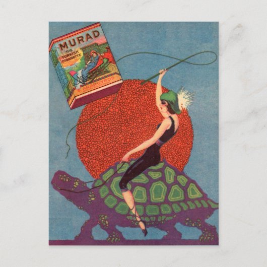 Murad sigarettendame rijder reuzenschildpad briefkaart (Voorkant)