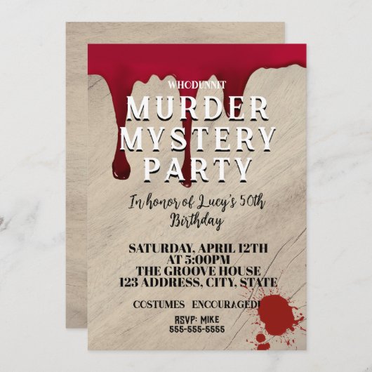 Murder Mystery Dinner Invitation – Bloody Whodunit Kaart (Voorkant / Achterkant)