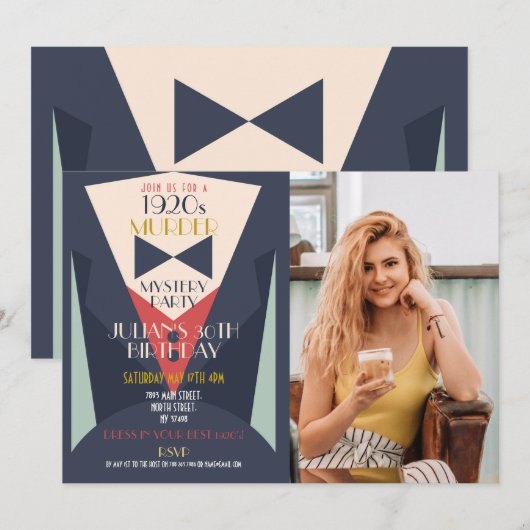 Murder Mystery Elegant Art Deco Uitnodiging uit 19 (Voorkant / Achterkant)