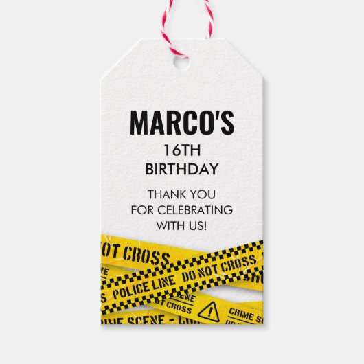 Murder Mystery Party met Yellow Crime Scene Tapes Cadeaulabel (Voorkant)