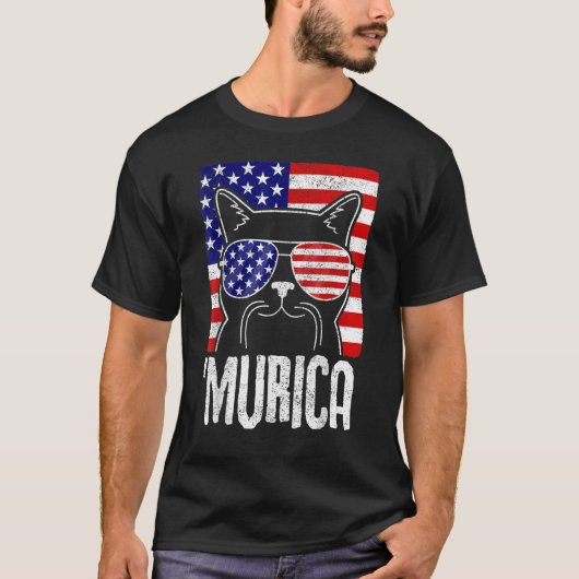 Murica 4th Of July USA Flag Distressed  Cat T-shirt (Voorkant)