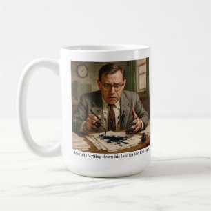 Murphy die zijn wet voor het eerst opschrijft. koffiemok