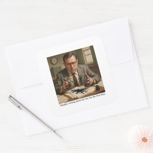 Murphy writing down his law for the first time. vierkante sticker (Envelop)