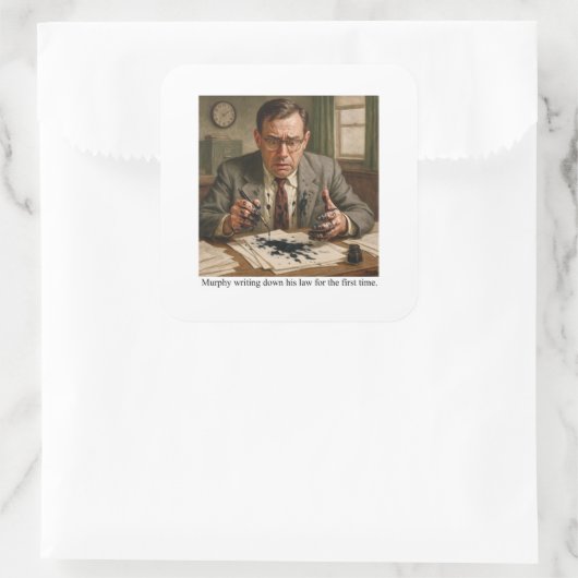 Murphy writing down his law for the first time. vierkante sticker (Tas)