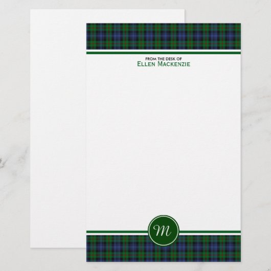 Murray Clan Tartan Groen en Blauw Plaid Monogram Briefpapier (Voorkant / Achterkant)