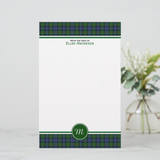 Murray Clan Tartan Groen en Blauw Plaid Monogram Briefpapier (Staand voorkant)