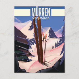 Murren Zwitserland ski poster art print. Aankondigingskaart