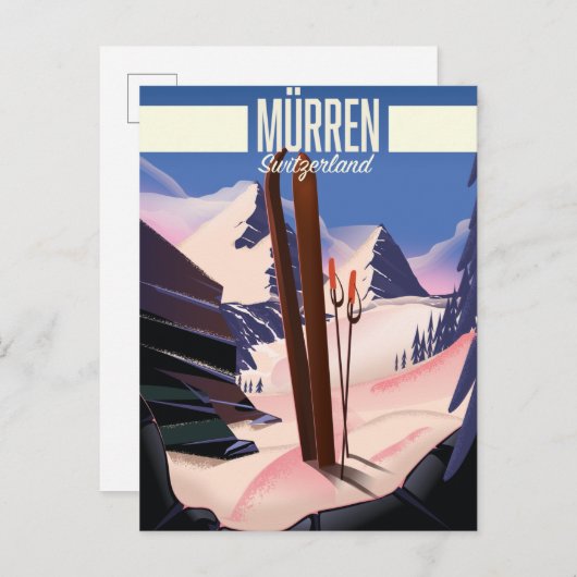Murren Zwitserland ski poster art print. Aankondigingskaart (Voorkant / Achterkant)