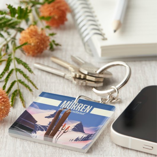 Murren Zwitserland ski poster art print. Sleutelhanger (Voorkant Rechts)