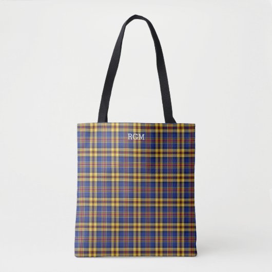 Murtaugh Clan Tartan Blauw en Goud Plaid Monogram Tote Bag (Voorkant)