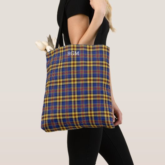 Murtaugh Clan Tartan Blauw en Goud Plaid Monogram Tote Bag (Dichtbij)