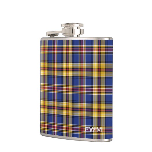 Murtaugh Tartan Monogram Blauw en Geel Plaid Heupfles (Links)