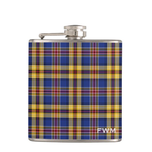 Murtaugh Tartan Monogram Blauw en Geel Plaid Heupfles (Voorkant)