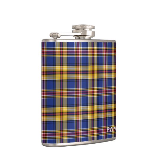 Murtaugh Tartan Monogram Blauw en Geel Plaid Heupfles (Rechts)