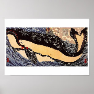 Musashi op de achterkant van een walvis poster