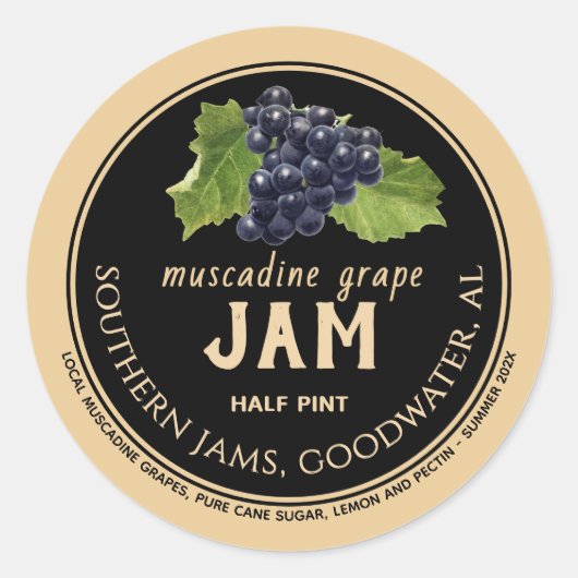 Muscadine Grape Jam Label Kraft op zwart (Voorkant)