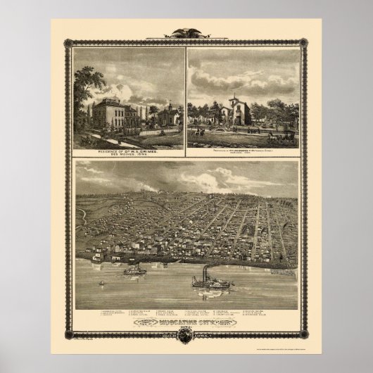 Muscatine City, IA Panoramic Map - 1875 Poster (Voorkant)
