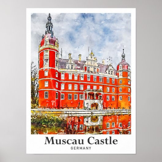 Muscau Castle Duitsland Reizen Waterverf Hand gete Poster (Voorkant)