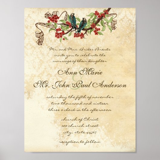 Musciale Blauwgroen Bird Red Bloom Wedding Invite Poster (Voorkant)