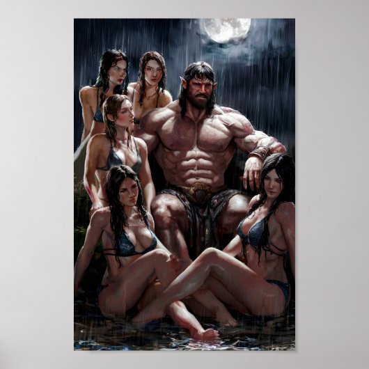 Muscular Barbarian Surrounded by Sexy Women Poster (Voorkant)