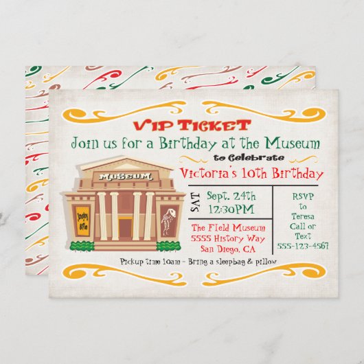 Museum Birthday Party Invitation Ticket Kaart (Voorkant / Achterkant)