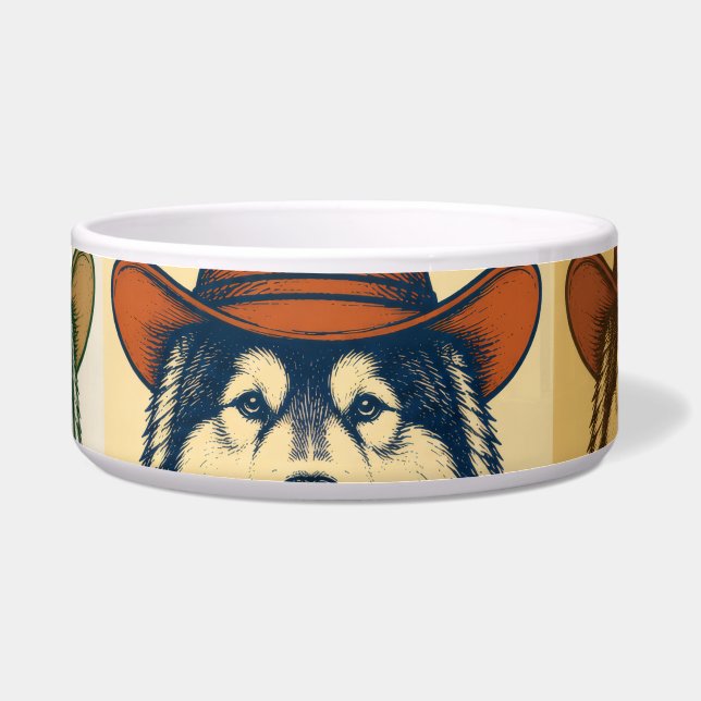 "Mush het, Cowboy", Alaskan Malamute Voerbakje (Voorkant)