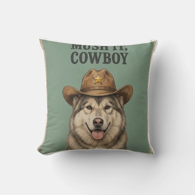 "Mush It, Cowboy" Kussen Husky met cowboyhoed (Voorkant)