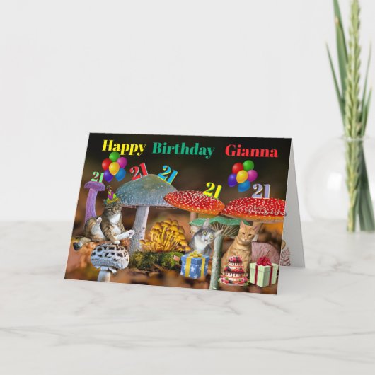 Mushroom and Cats Birthday Card Kaart (Voorkant)