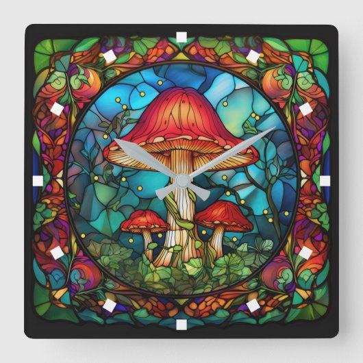 Mushroom Art Wall Clock Vierkante Klok (Voorkant)