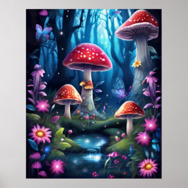 Mushroom Butterfly Enchanted Forest BLAUW THEMA Poster
