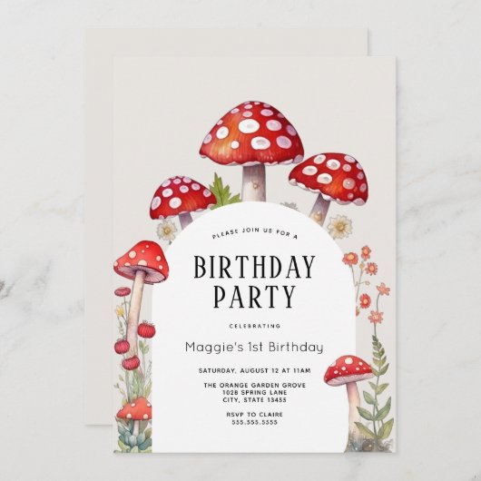 Mushroom Cottage Woodland Verjaardag uitnodiging (Voorkant / Achterkant)