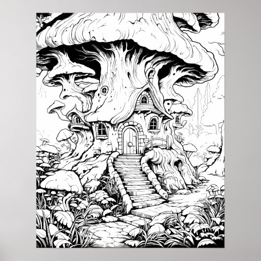 Mushroom Fairy House Fantasy Kleurplaat Poster (Voorkant)