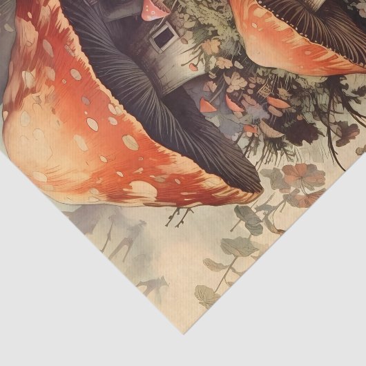 Mushroom Fairy House Tussen Bloemen Illustratie Tissuepapier (Detail)
