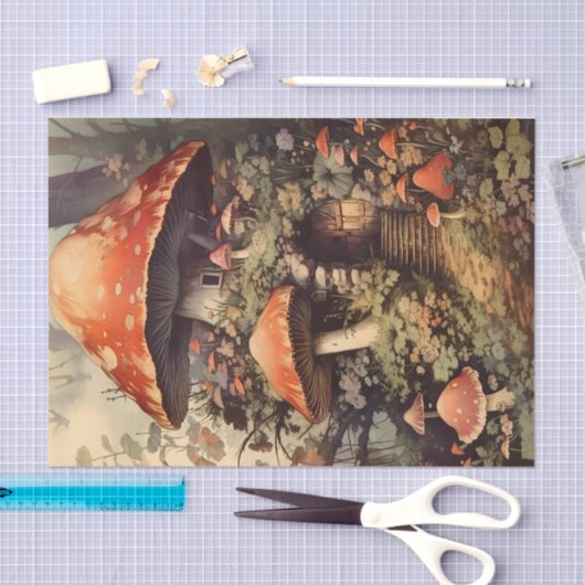 Mushroom Fairy House Tussen Bloemen Illustratie Tissuepapier (Craft)