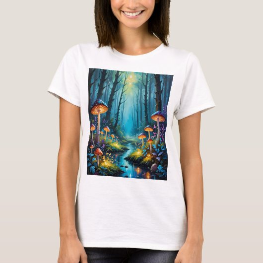 Mushroom Forest Enchanted Glowing Fantasy Art T-sh T-shirt (Voorkant)