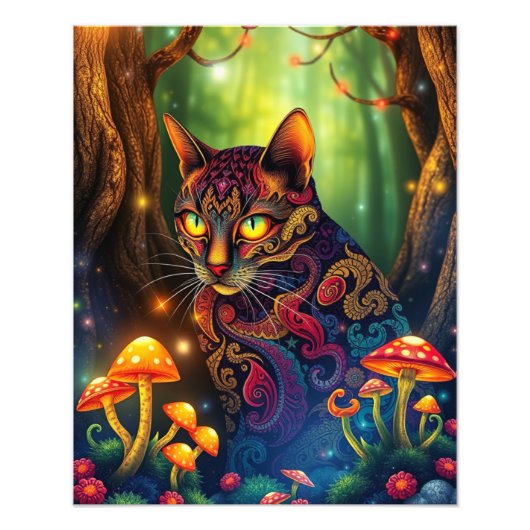 Mushroom Forest Magical Fantasy Cat Foto Afdruk (Voorkant)