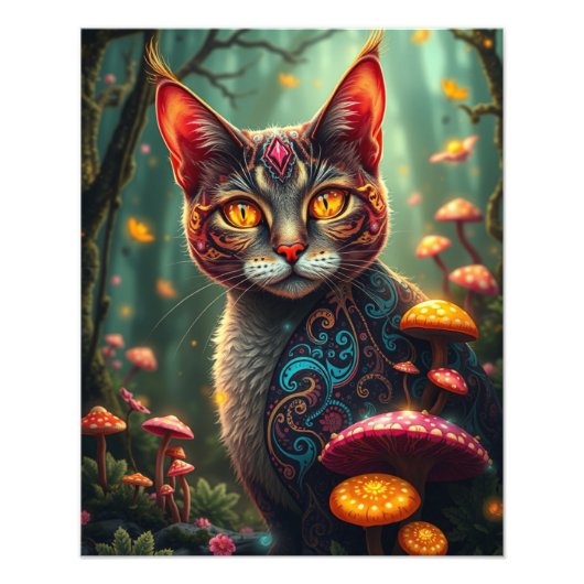 Mushroom Forest Magical Fantasy Cat Foto Afdruk (Voorkant)