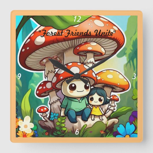"Mushroom gezinsleven" Vierkante Klok (Voorkant)
