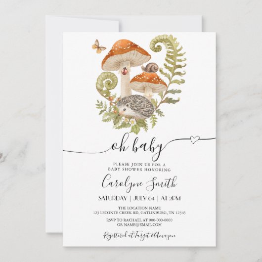 Mushroom Hedgehog Ladybeet Baby shower Invitation Kaart (Voorkant)